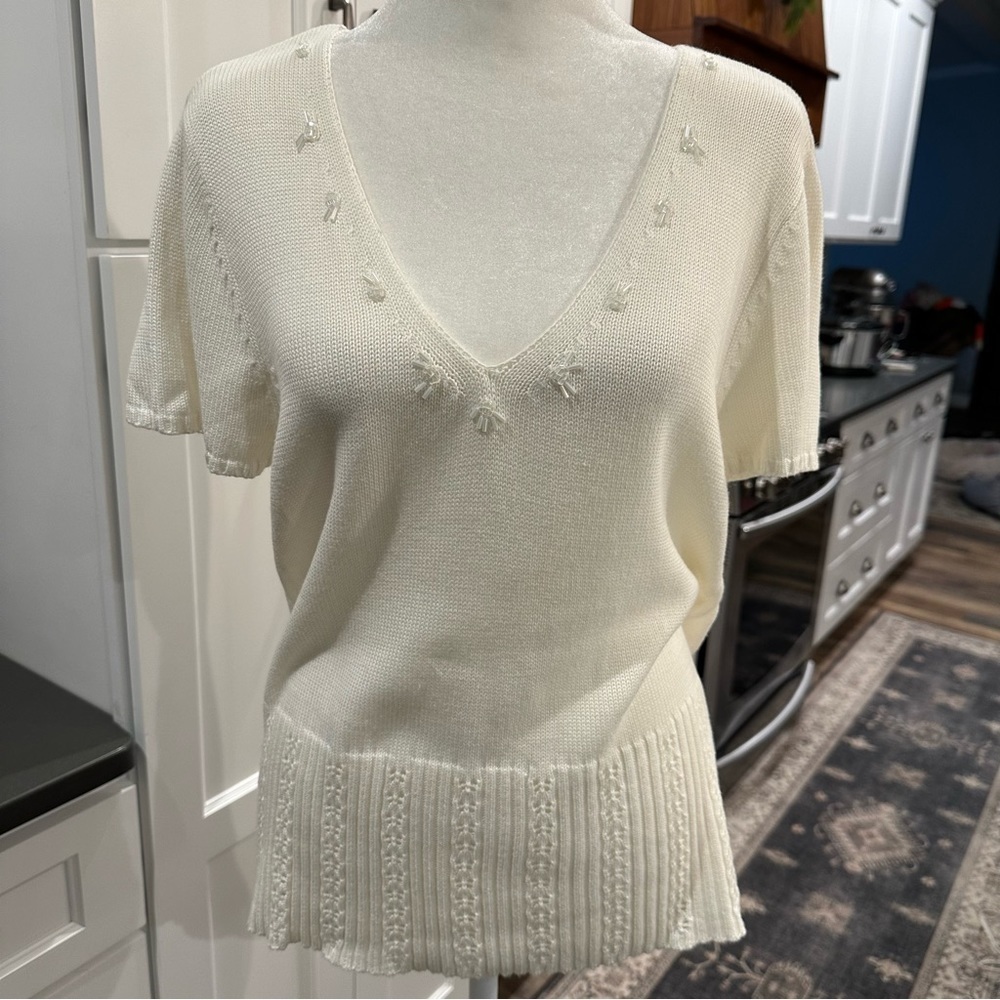 Rena Rowan Womens Ivory Beaded Short Sleeve V-Neck Knit Sweater M Angel
